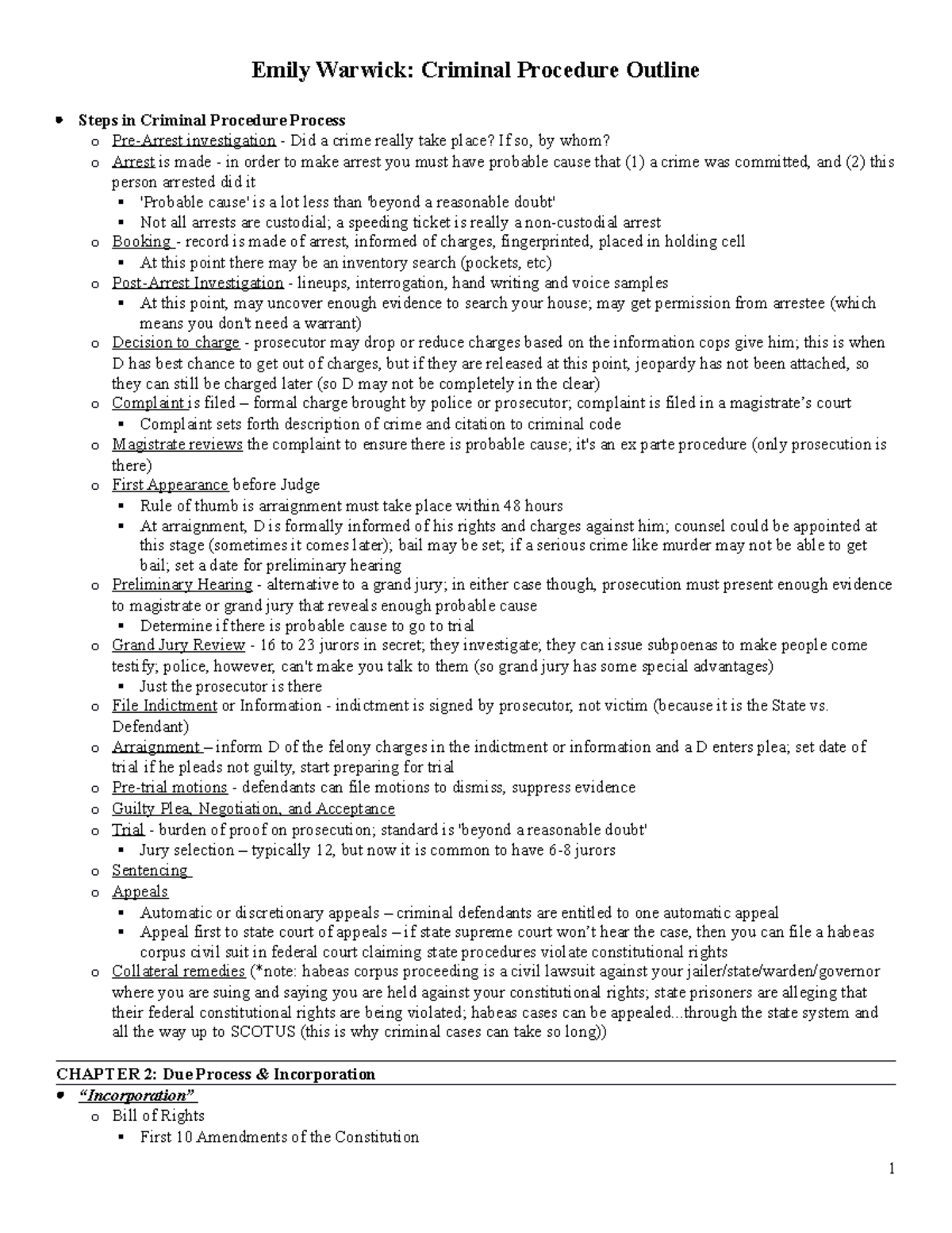 Crim Pro Rychlak - Emily Warwick: Criminal Procedure Outline Steps in ...