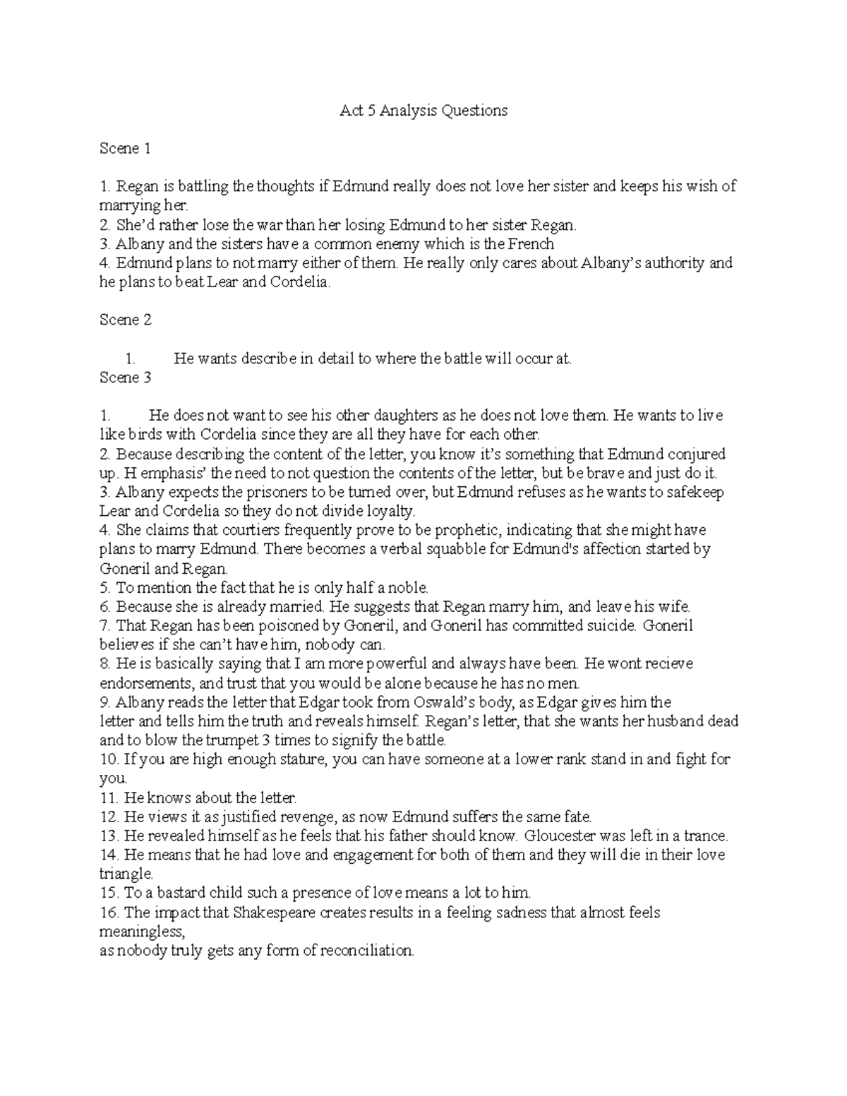 King Lear Act 5 King Lear summary and questions Act 5 Analysis