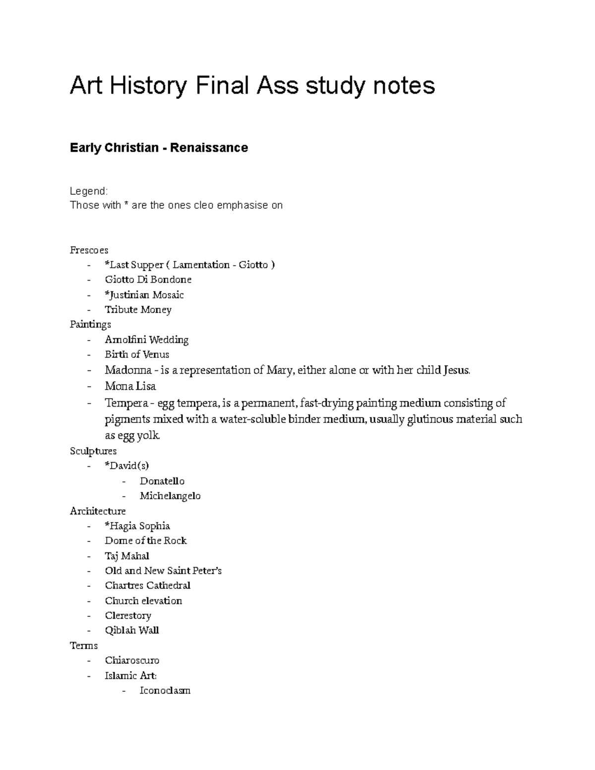 Art History Final Assessment Art History Final Ass study notes Early