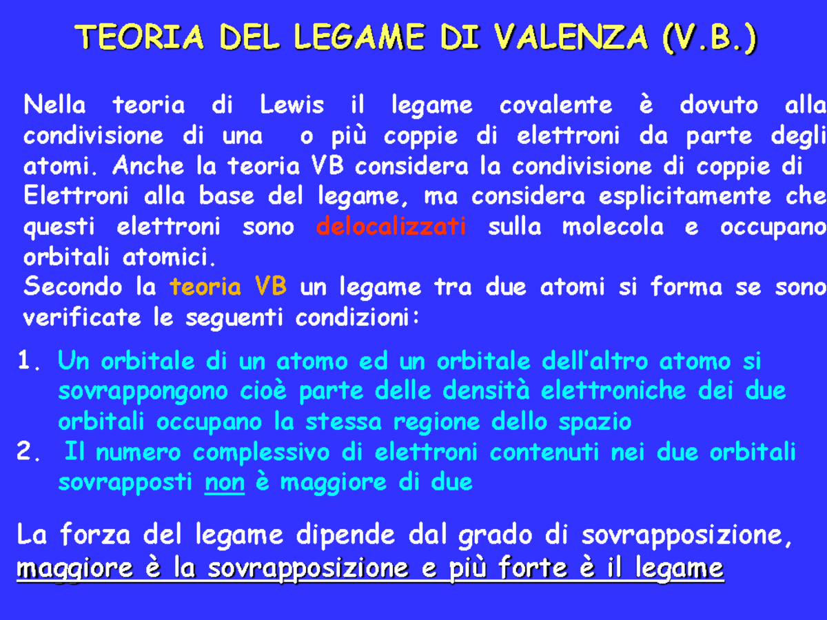 Appunti lezione 4 teoria del legame di valenza chimica prof. giuliana gorrasi TEORIA