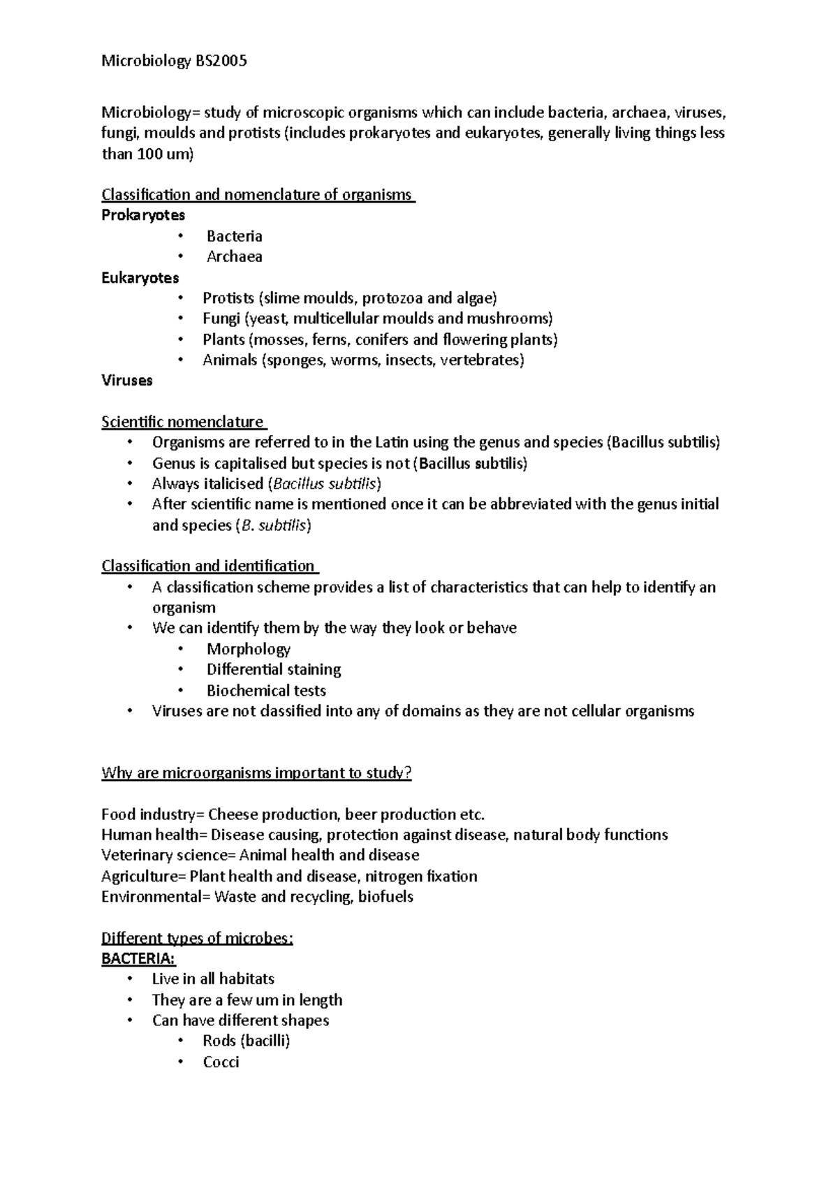 1 Microbiology intro - Lecture notes 1 - Microbiology= study of ...