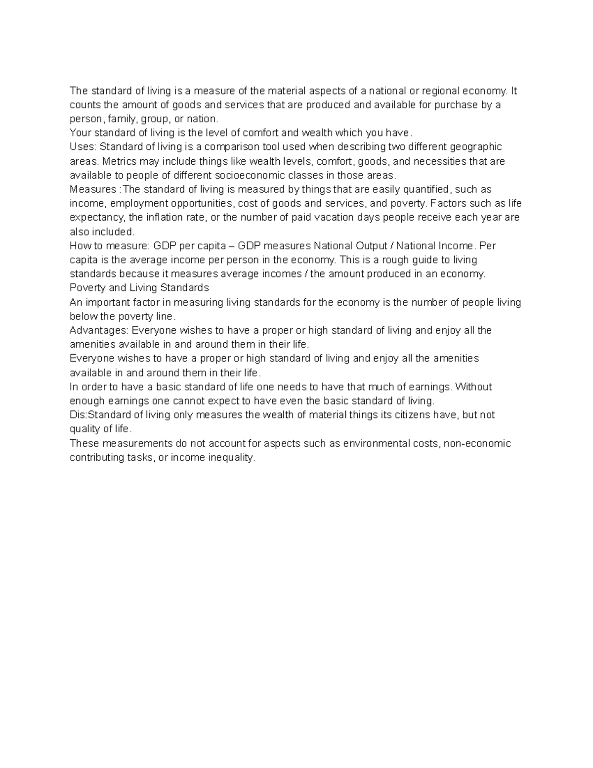 Sd Economic development The standard of living is a measure of the