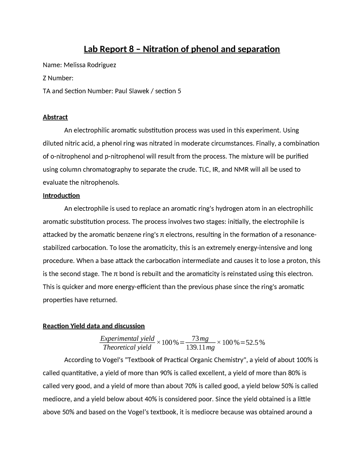 Lab Report 8 - Lab 8 - Lab Report 8 – Nitration of phenol and ...