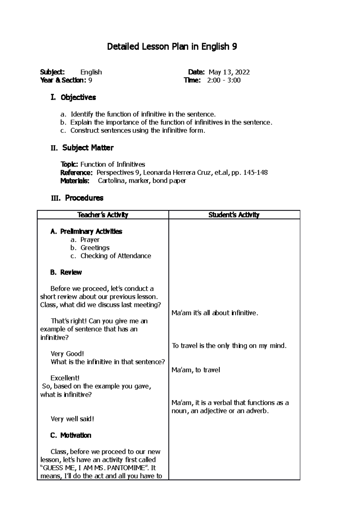 706024 - cmzn - Detailed Lesson Plan in English 9 Subject: English Date ...