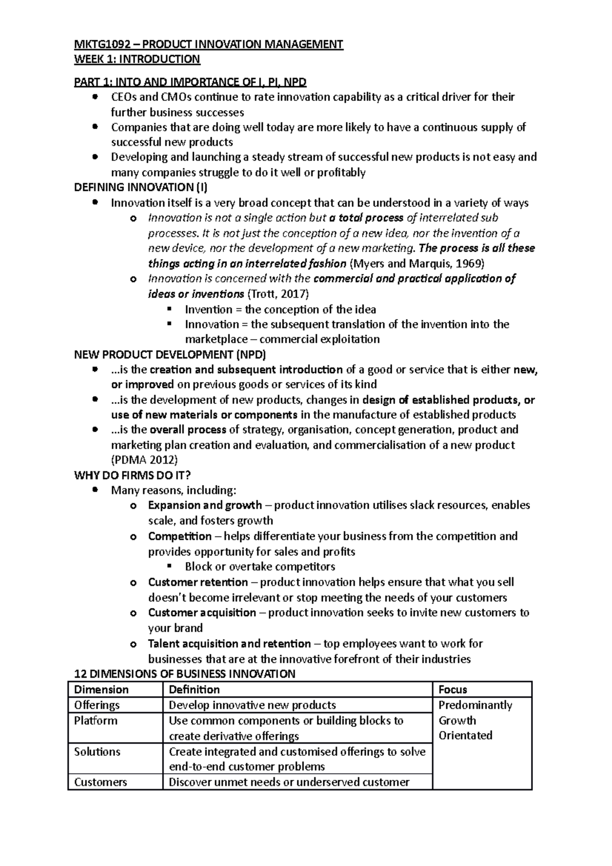 Product Innovation Lecture Notes Week 1-4 - WEEK 1: INTRODUCTION PART 1 ...