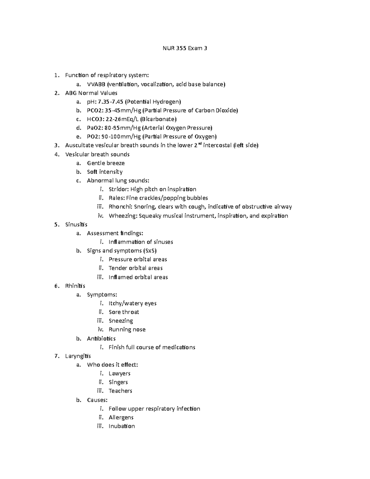 NUR 355 Exam 3 Study Guide - NUR 355 Exam 3 Function Of Respiratory ...