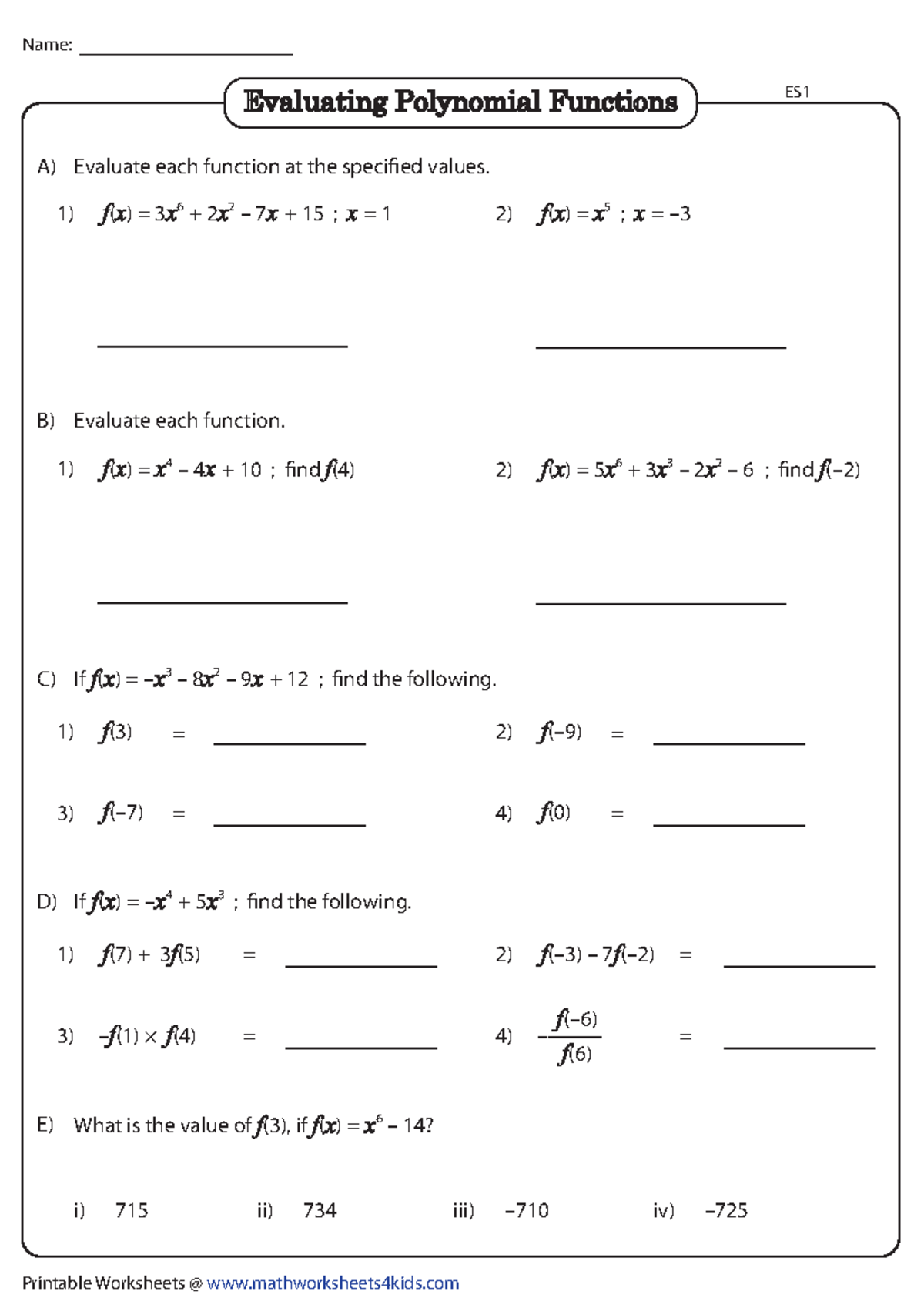Polynomial functions easy 1 - Printable Worksheets ...