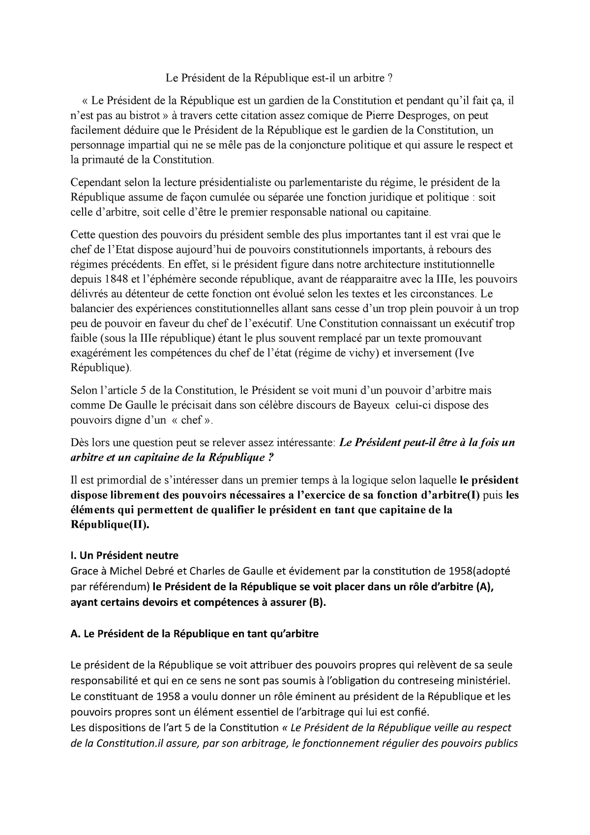 Dissertation President De La Republique Le President De La Republique Est Il Un Arbitre Le Studocu