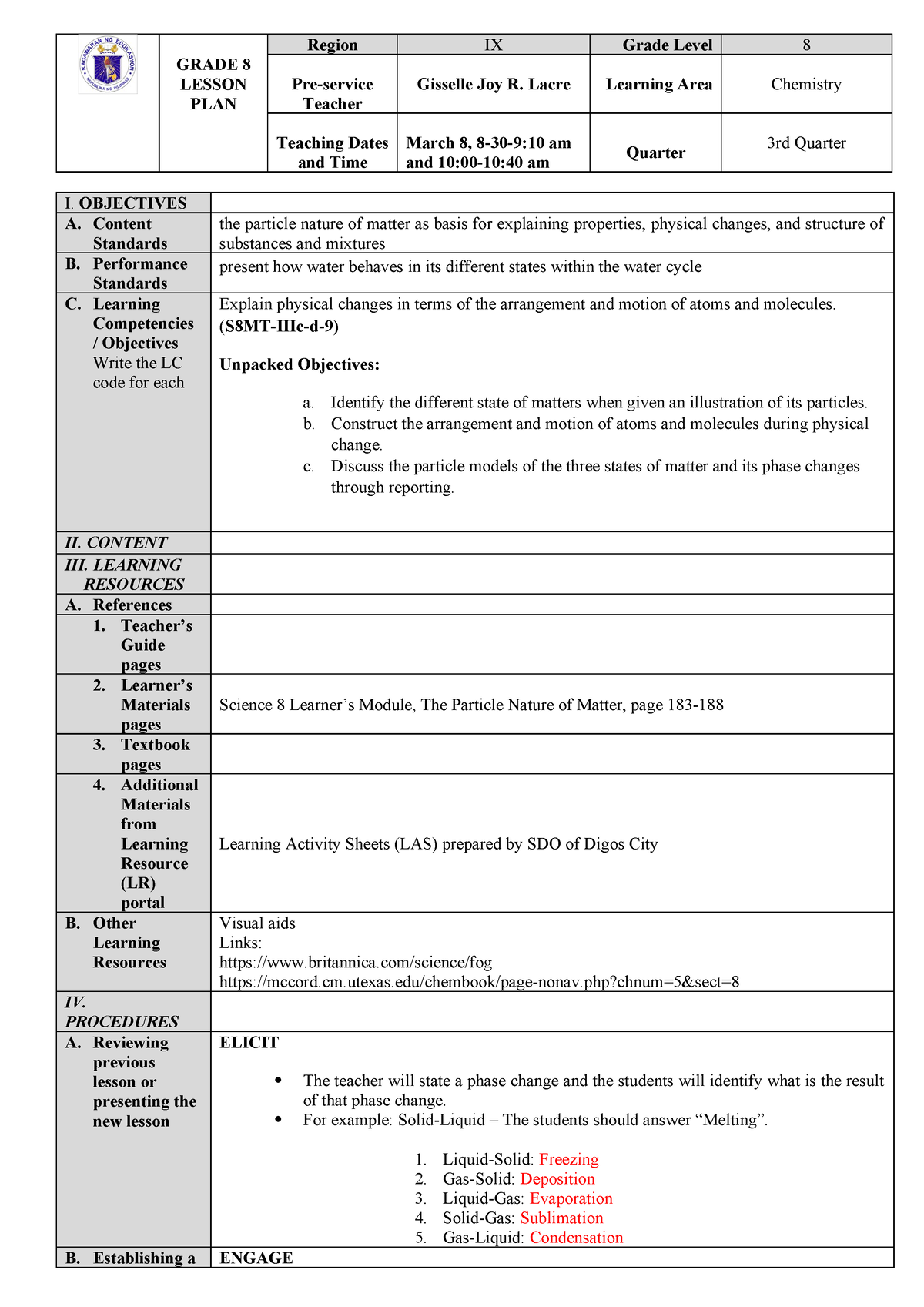 Phase Change - March 8 - Lesson Plan Sample - GRADE 8 LESSON PLAN ...