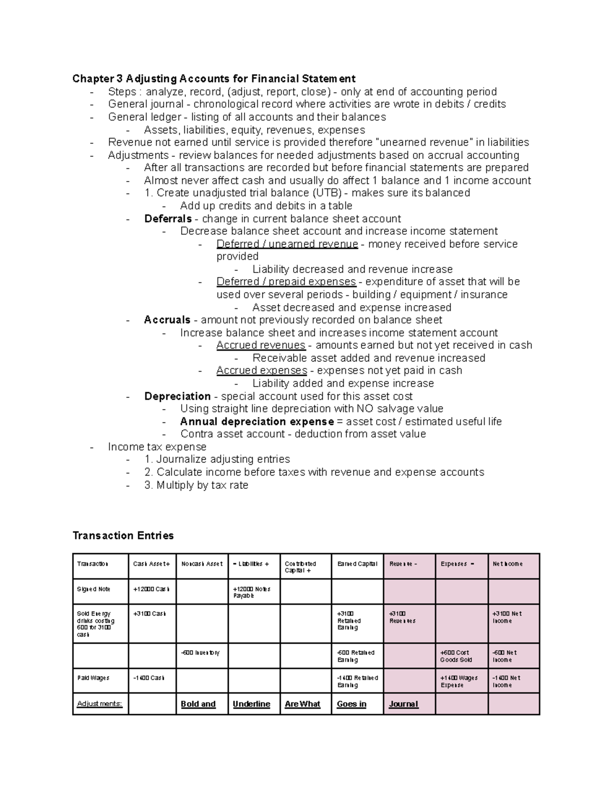 ACCY 200 Notes CH 3 - Chapter 3 Adjusting Accounts for Financial ...
