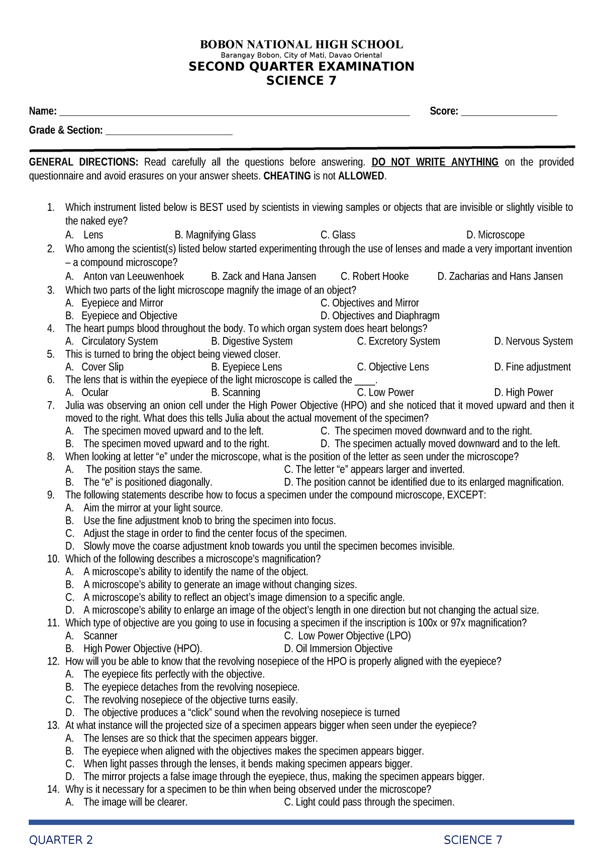 Quarter 2 Science 7 TEST Question - BOBON NATIONAL HIGH SCHOOL ...