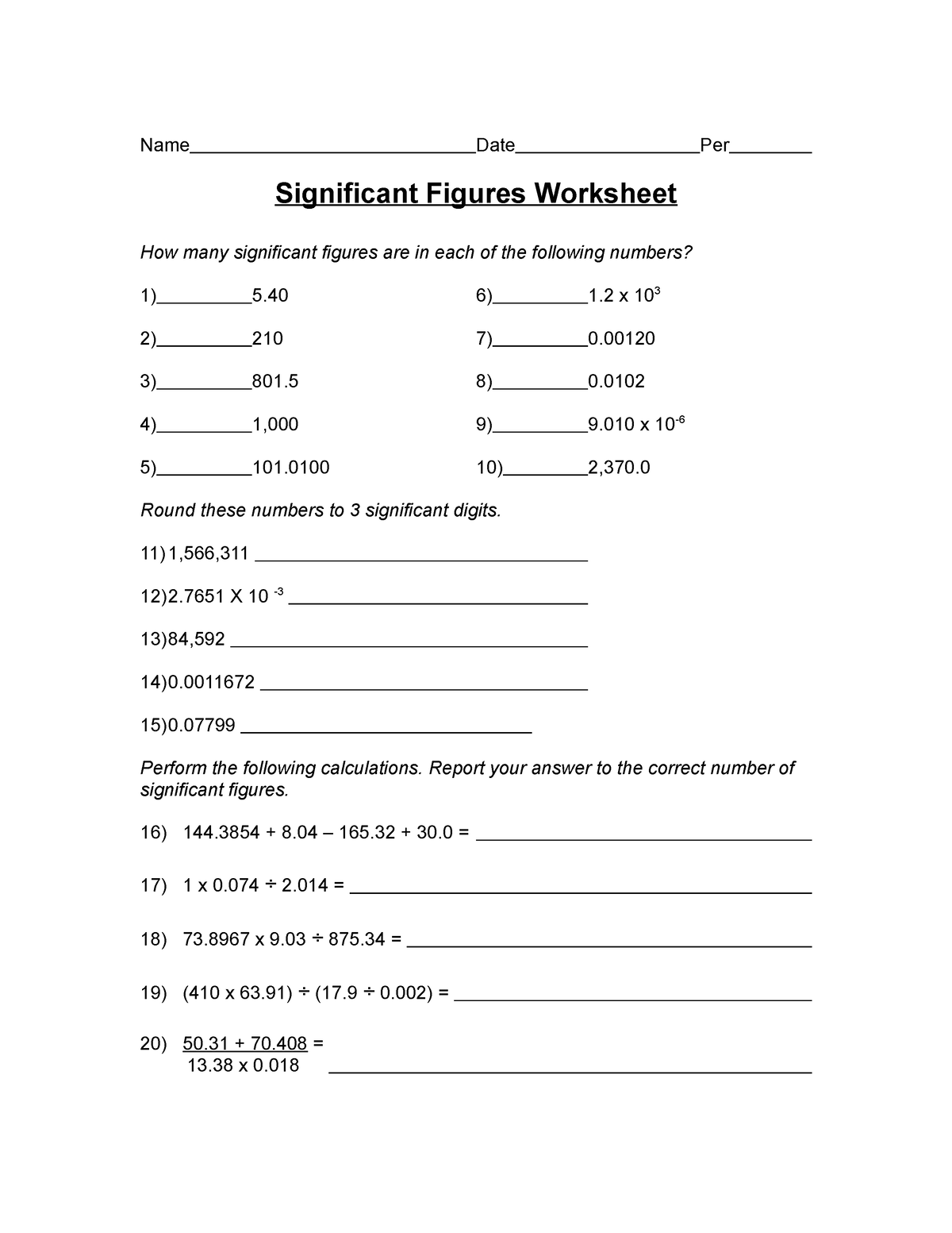 Significant figures worksheet - Name Date Per Significant Figures ...