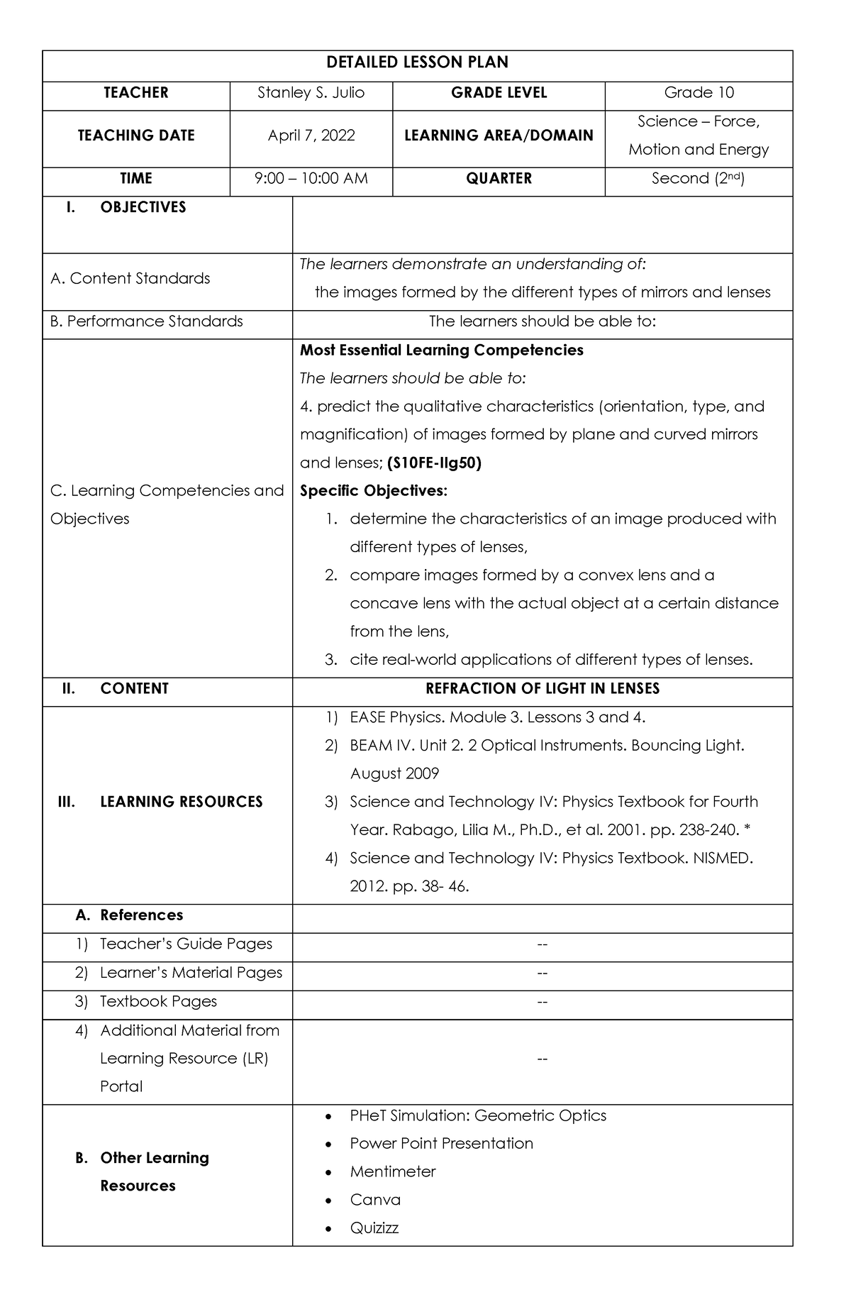 (G10Q2) Detailed Lesson PLAN, Julio, Stanley S. ( Refraction IN Lenses ...