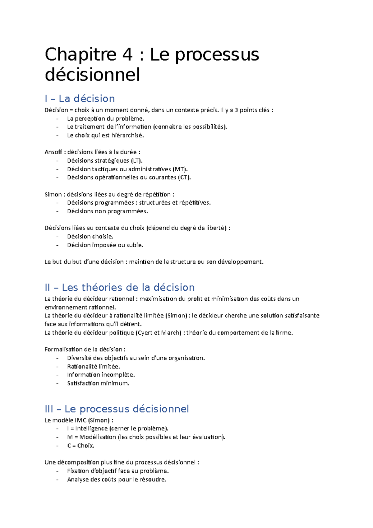 Chapitre 4 - Le processus décisionnel - Chapitre 4 : Le processus I La ...