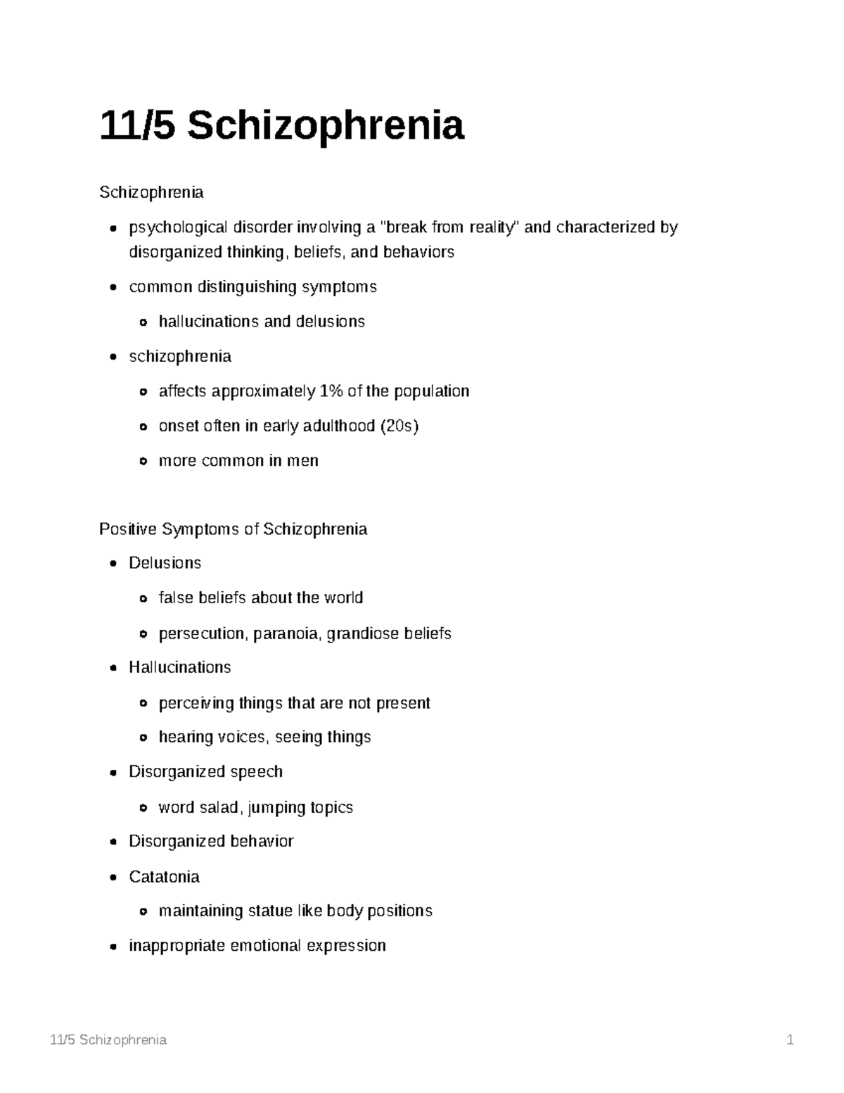 Schizophrenia Notes - 11/5 Schizophrenia Schizophrenia psychological ...