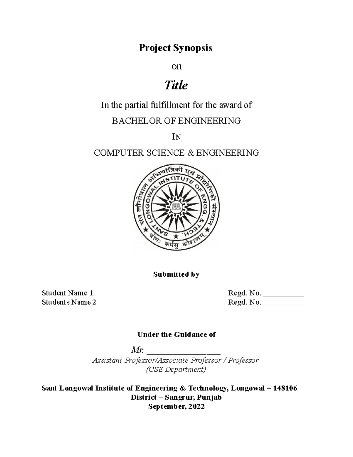 Sample Copy synopsis report - Project Synopsis on Title In the partial ...