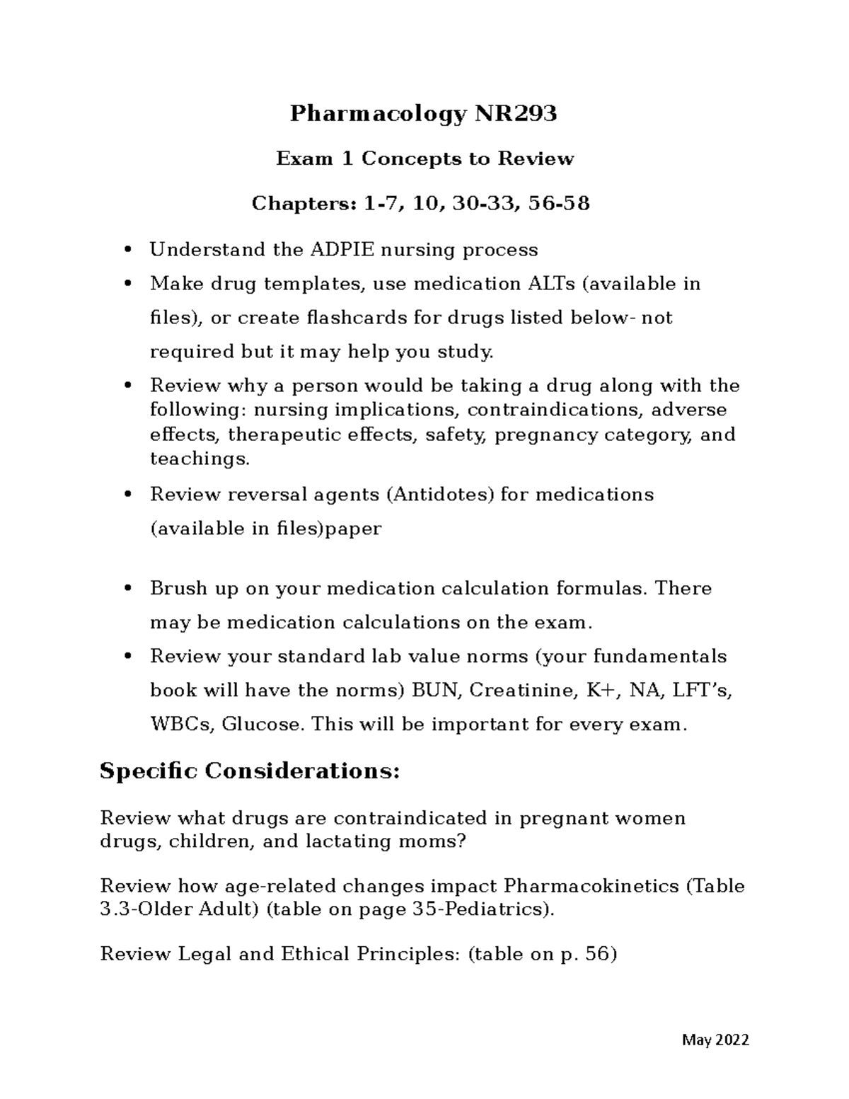 Exam 1 Concepts To Review - Pharmacology NR Exam 1 Concepts To Review ...