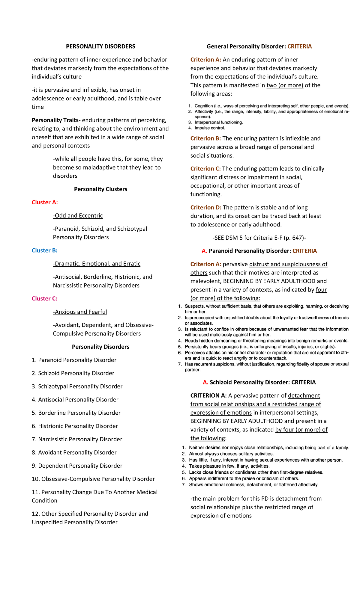 Personality Disorders Notes - PERSONALITY DISORDERS enduring pattern of ...