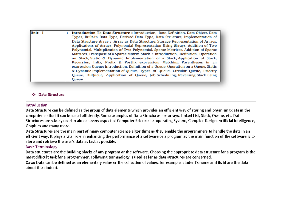 UNIT-I- Introduction - Data Structure Introduction Data Structure can ...