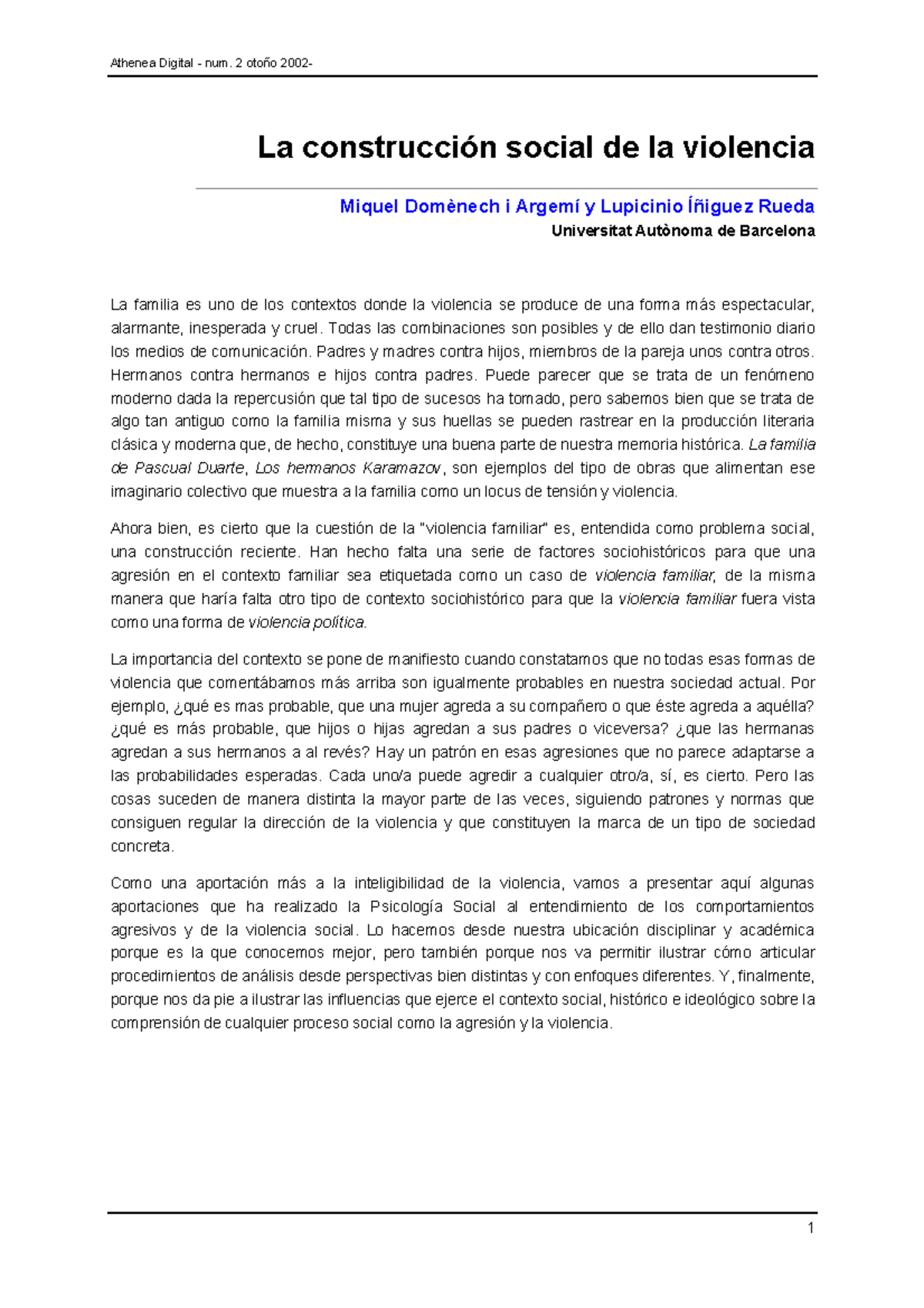 Construccion social de la violencia en el marco del trabajo social ...
