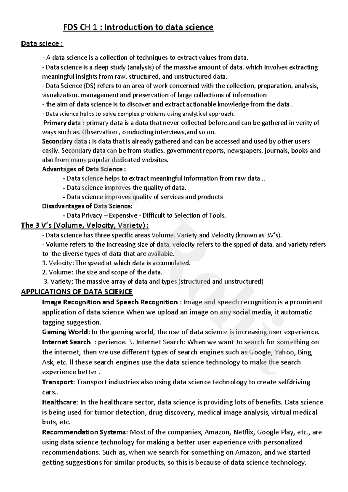 Fds - Notes - : 1. Write a short note on the 4V’s of big data. Give an ...