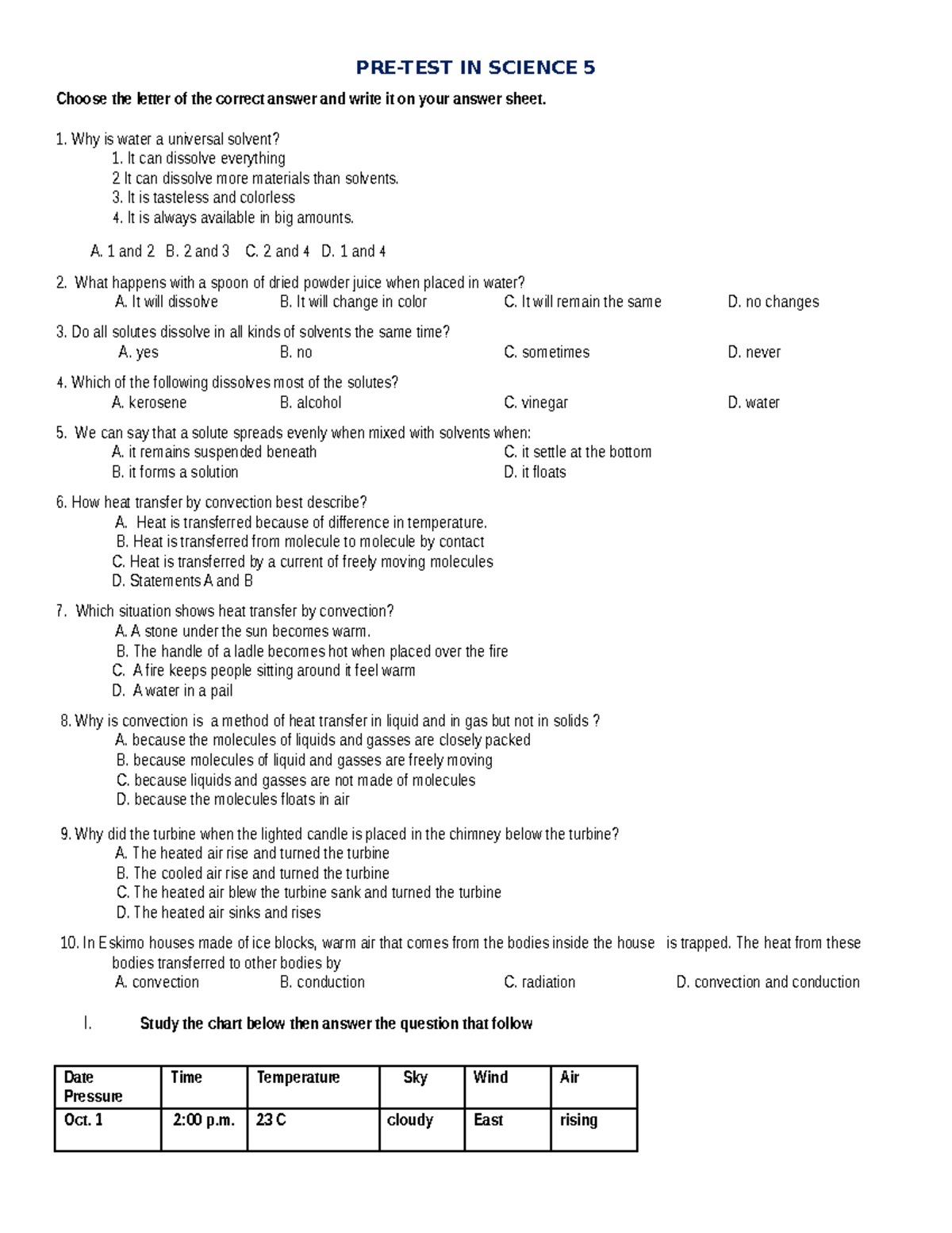 PRE-TEST Science 5 - pre test - PRE-TEST IN SCIENCE 5 Choose the letter ...