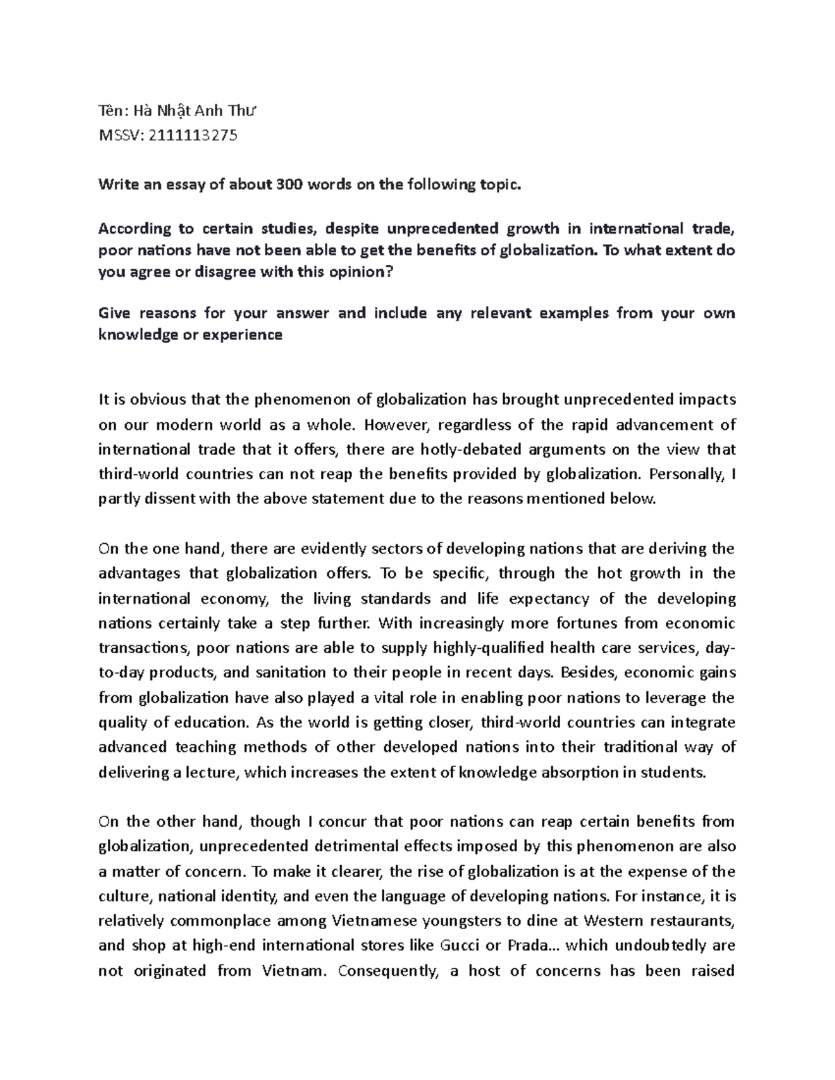 Unit 1 Essay writing - Tên: Hà Nh t Anh Thậ ư MSSV: 2111113275 Write an ...