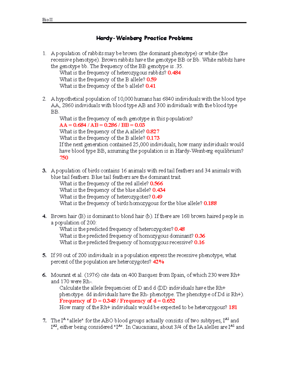 Hardy-Weinberg Practice And Answer Key - Bio II Hardy-Weinberg Practice ...