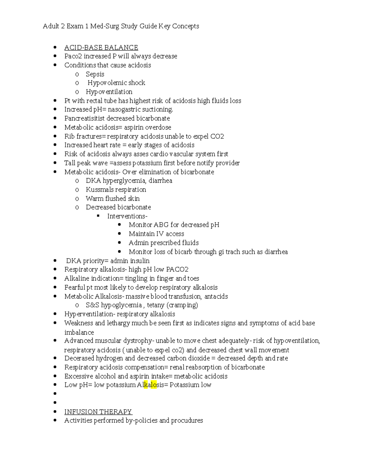 Adult 2 Exam 1 Med Surg Study Guide Key Concepts - Acid-base Balance 