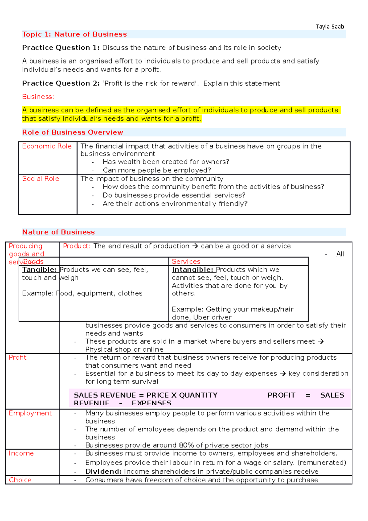 Prelim Business Notes Tayla Saab - Topic 1: Nature Of Business Practice ...