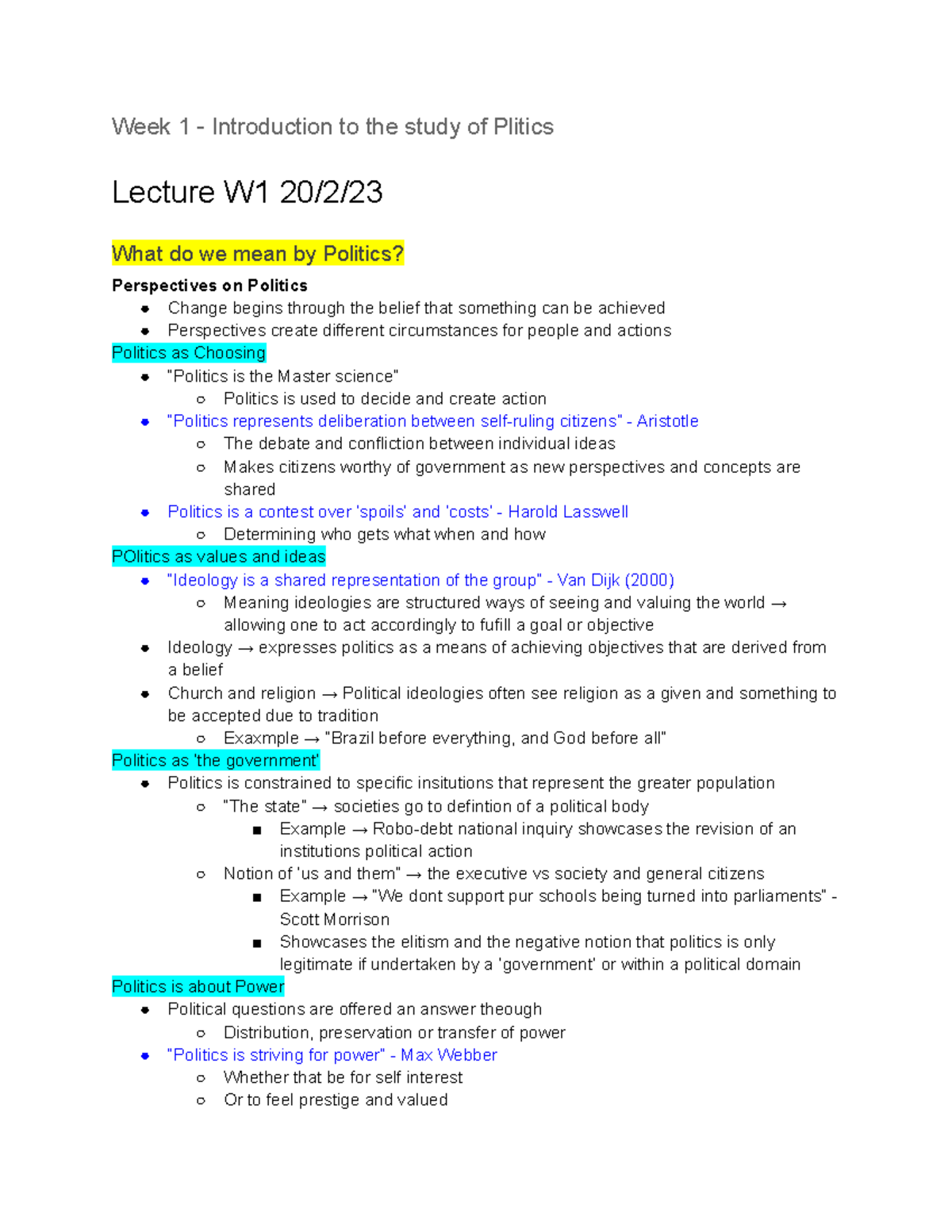 GOVT1641 - LECTURE NOTES WEEKS 1-7 - Week 1 - Introduction To The Study ...