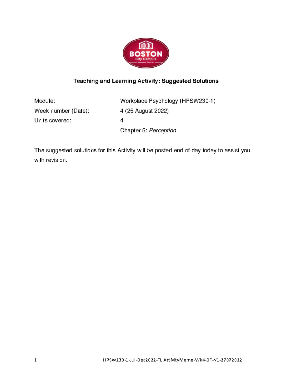 HPSW230-1 Activity Memo-Wk4 - Teaching and Learning Activity: Suggested ...