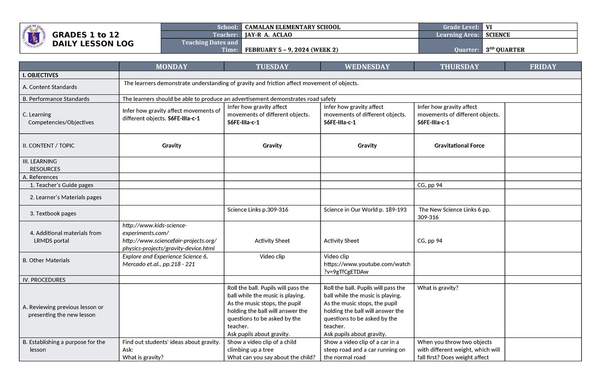 Dll Science-6 Q3 W2 - Asfmsmfms - Grades 1 To 12 Daily Lesson Log 