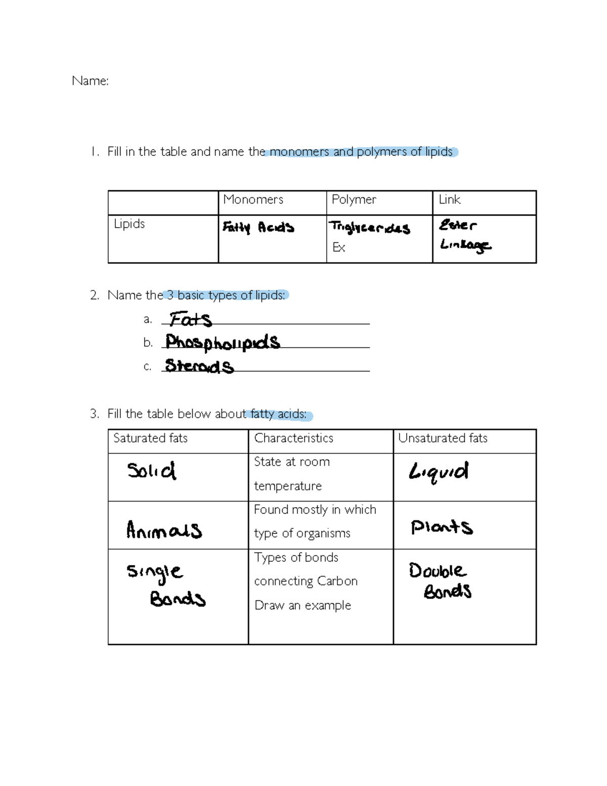 Chapter+5 2++Lipids+Worsheet - Name: 1. Fill in the table and name the ...