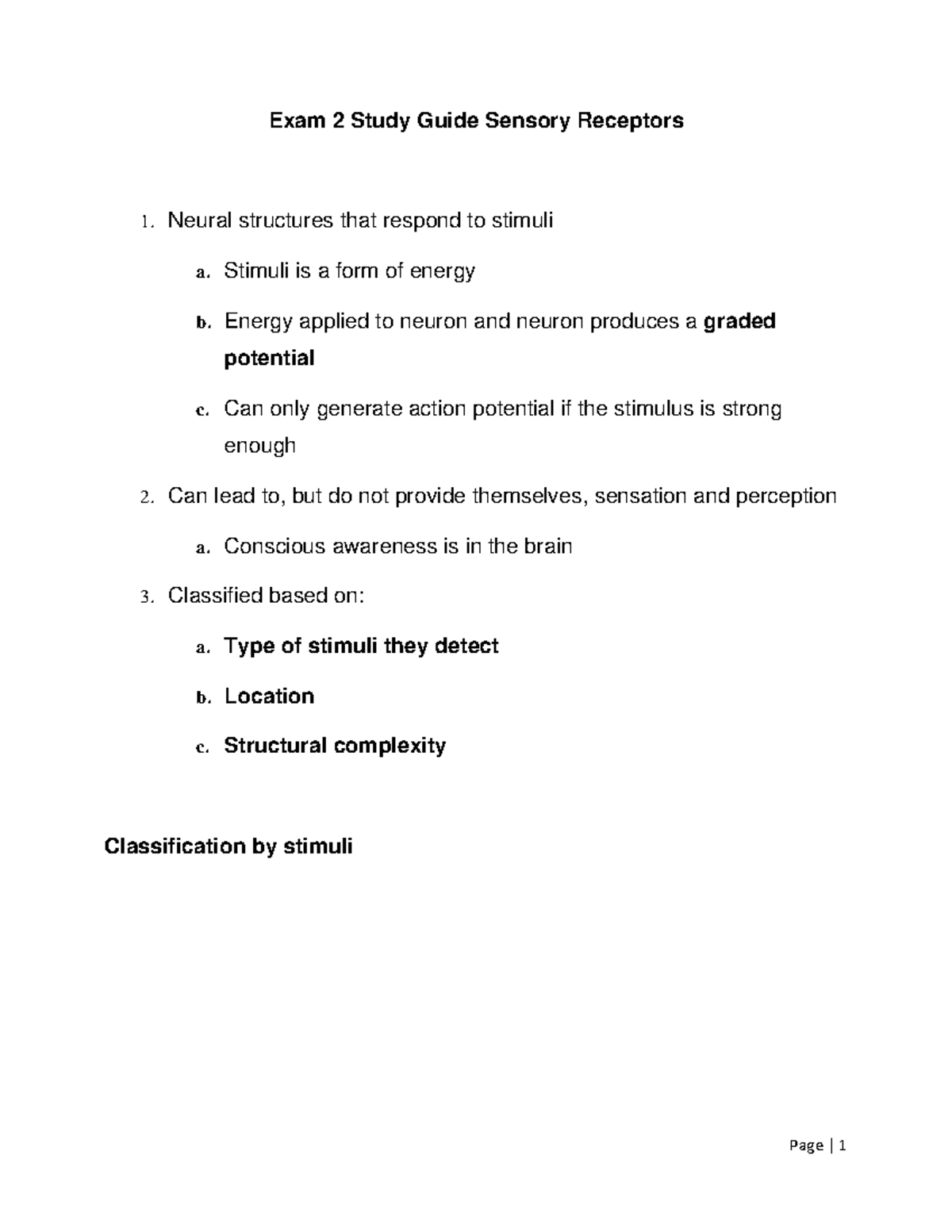 Exam 2 Study Guide Sensory Receptors - Exam 2 Study Guide Sensory ...