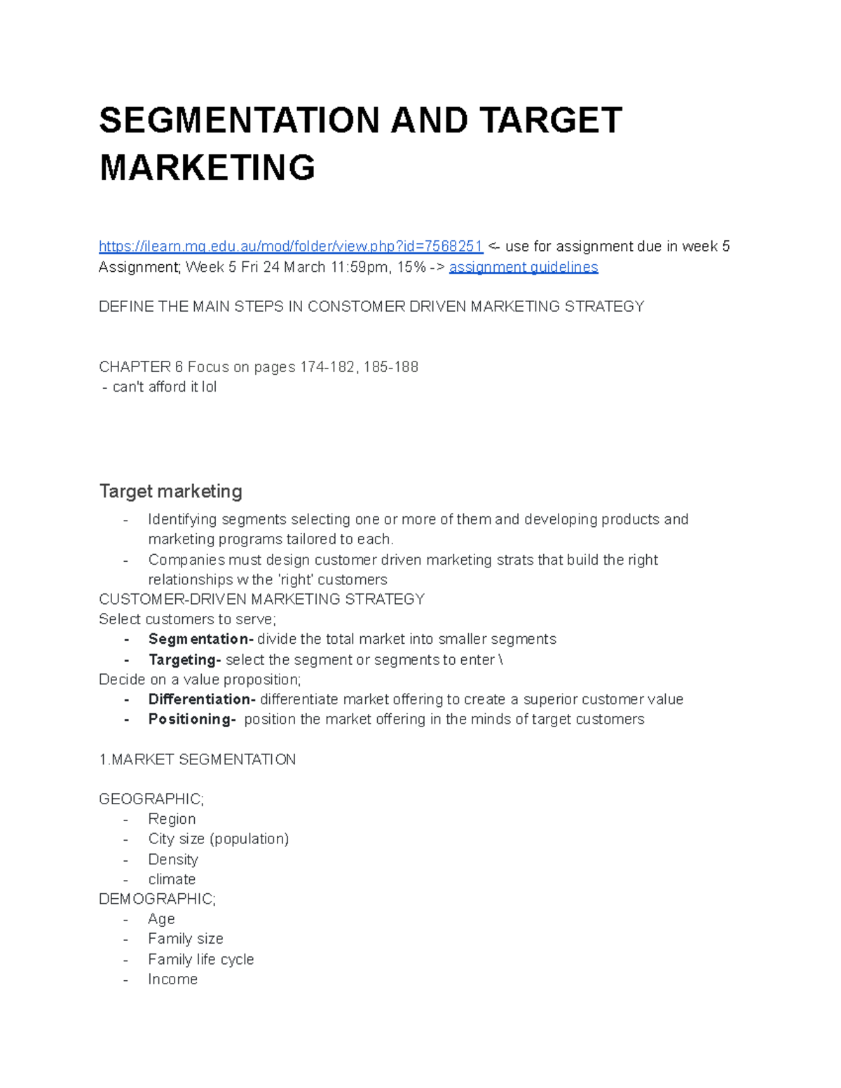 MF wk 2 - week 2 notes - SEGMENTATION AND TARGET MARKETING - Studocu