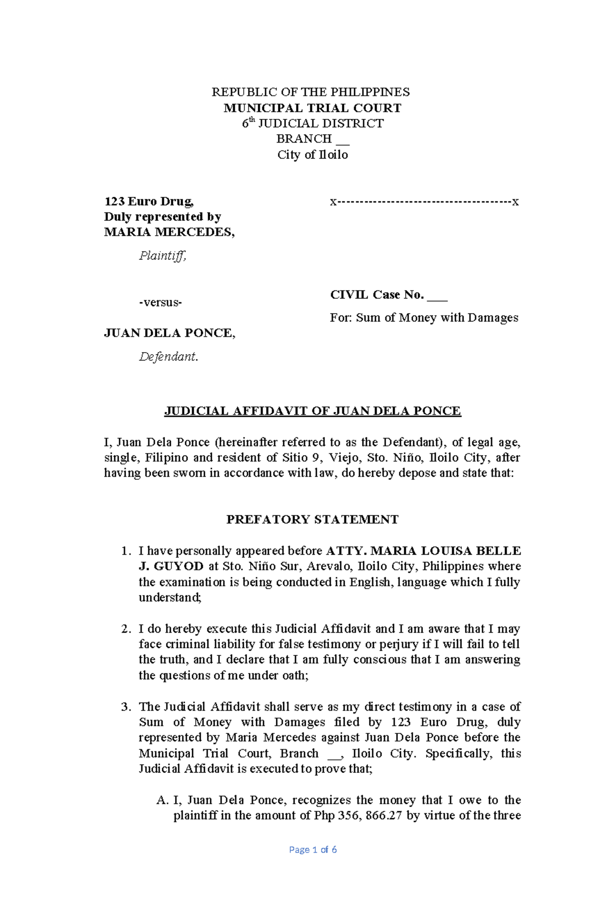 Annex B Judicial Affidavit - REPUBLIC OF THE PHILIPPINES MUNICIPAL ...