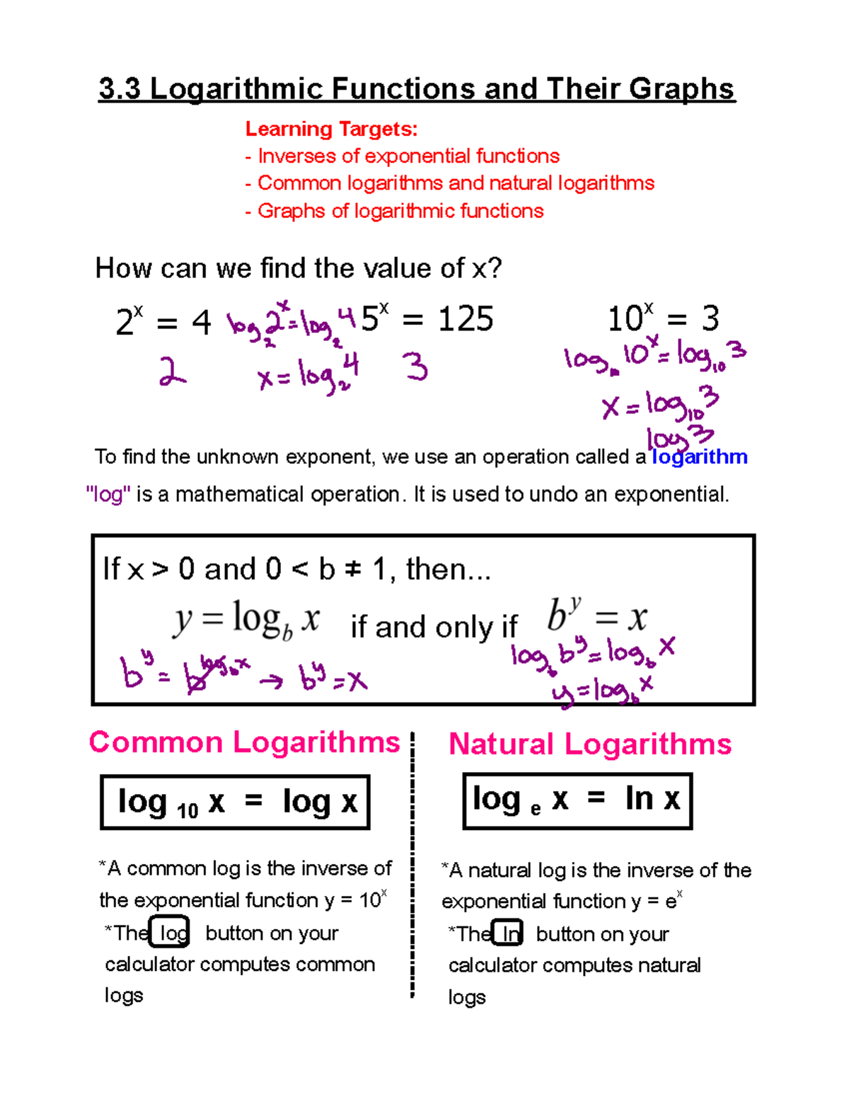3.3a Notes - 10 x = 3 How can we find the value of x? 3 Logarithmic ...