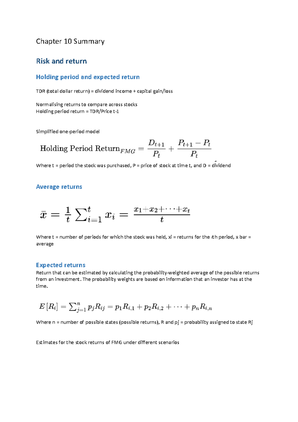 FINM1416 Chapter 10 Summary - Chapter 10 Summary Risk and return ...