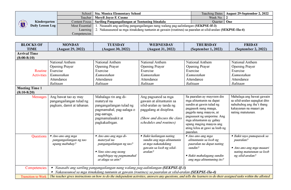 Kindergarten DLL MELC Q1 Week 2 - Kindergarten Daily Lesson Log School ...