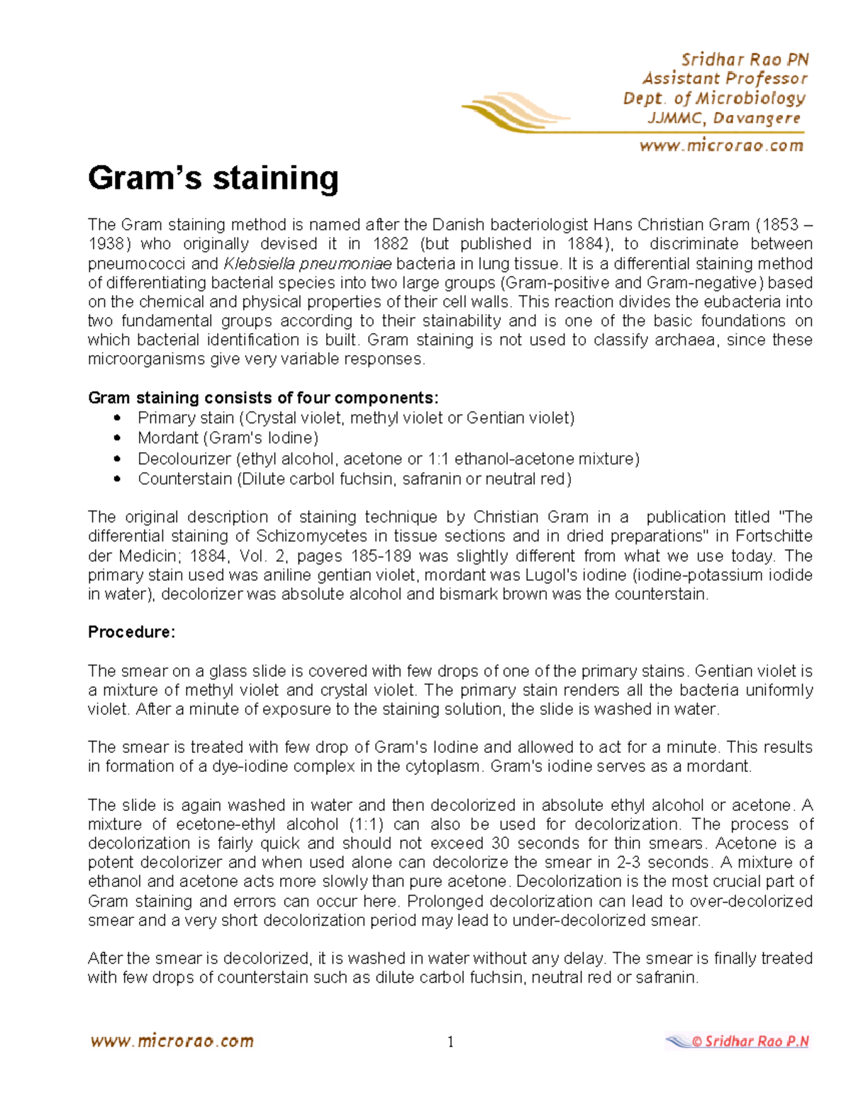 Gram stain - lecture notes - Gramís staining The Gram staining method ...