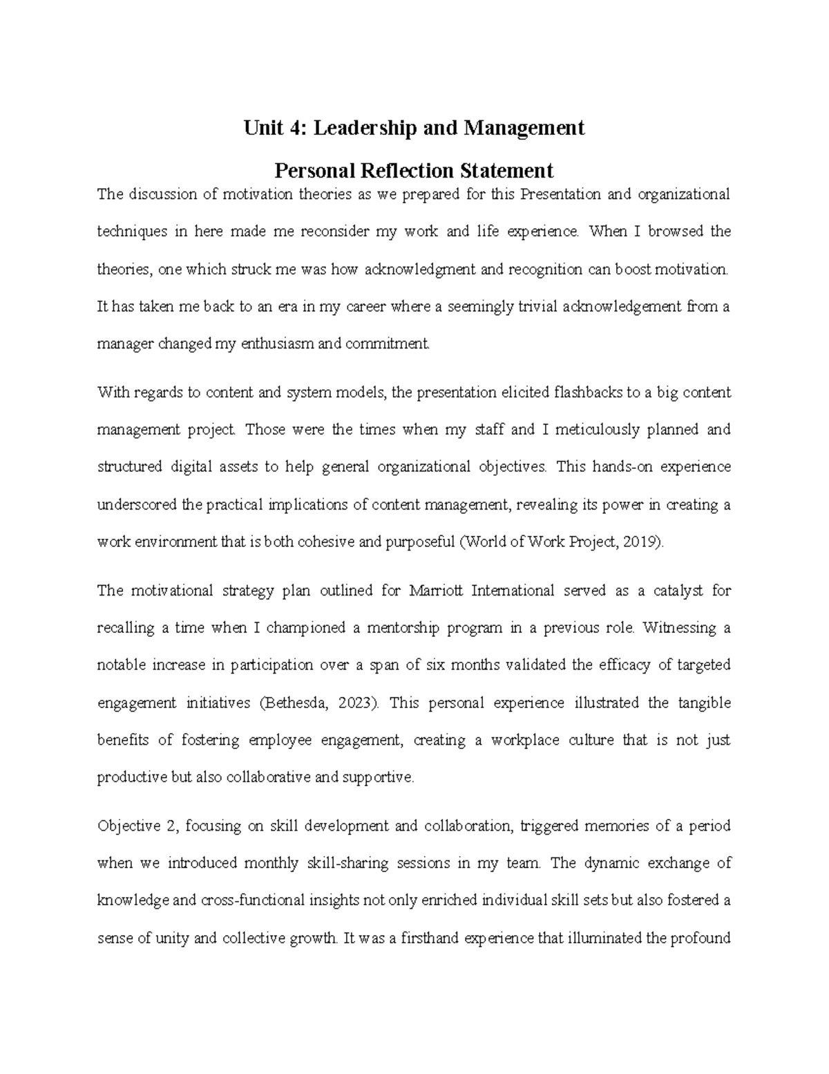 Unit 4 Reflection - Unit 4: Leadership and Management Personal ...