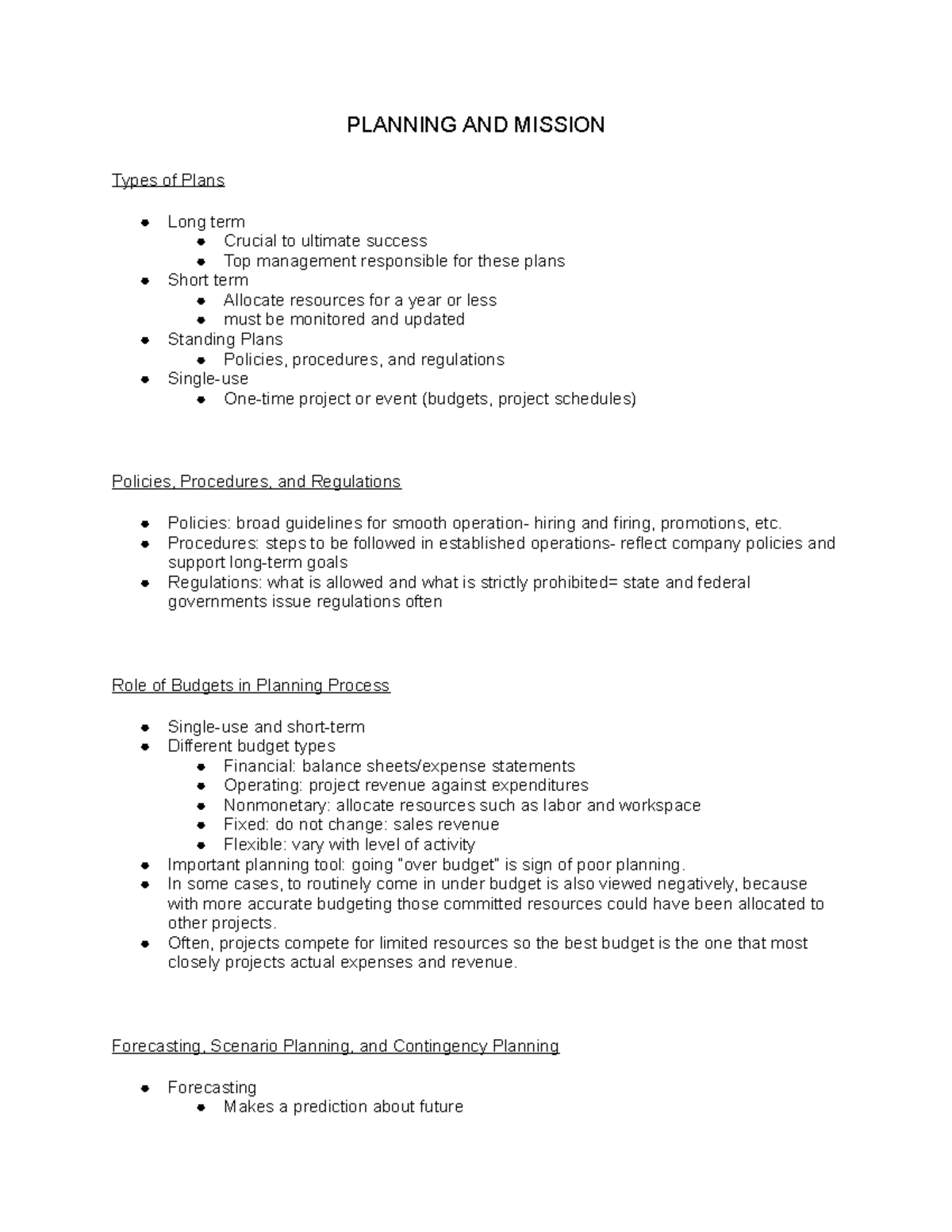 BUS 200 Notes Planning and Mission Part 2 - PLANNING AND MISSION Types ...
