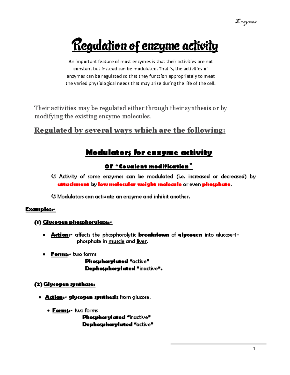 Enzymes 2 - Physical chemistry - Regulation of enzyme activity An ...