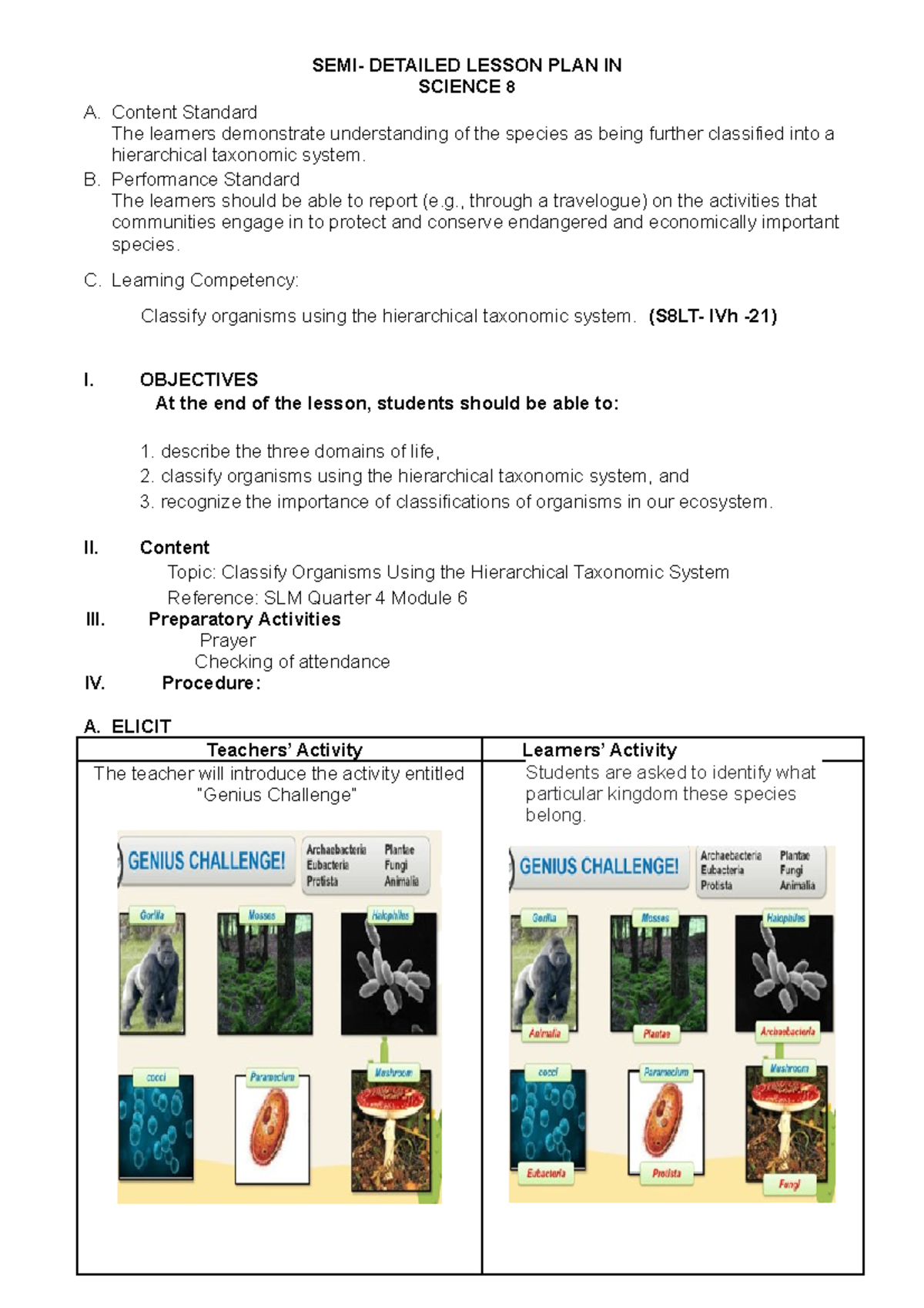 Hierarchical Taxonomic System - SEMI- DETAILED LESSON PLAN IN SCIENCE 8 ...