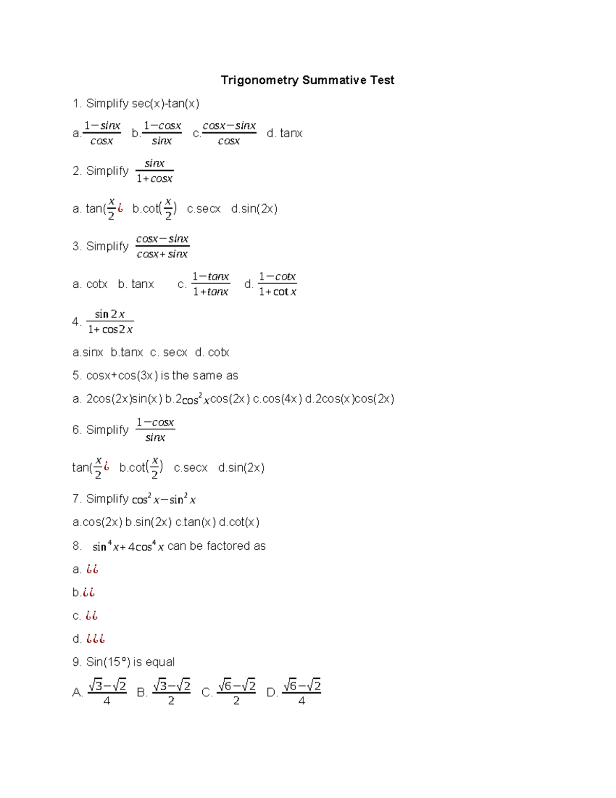 Trigonometry Summative Test - Trigonometry Summative Test Simplify sec ...