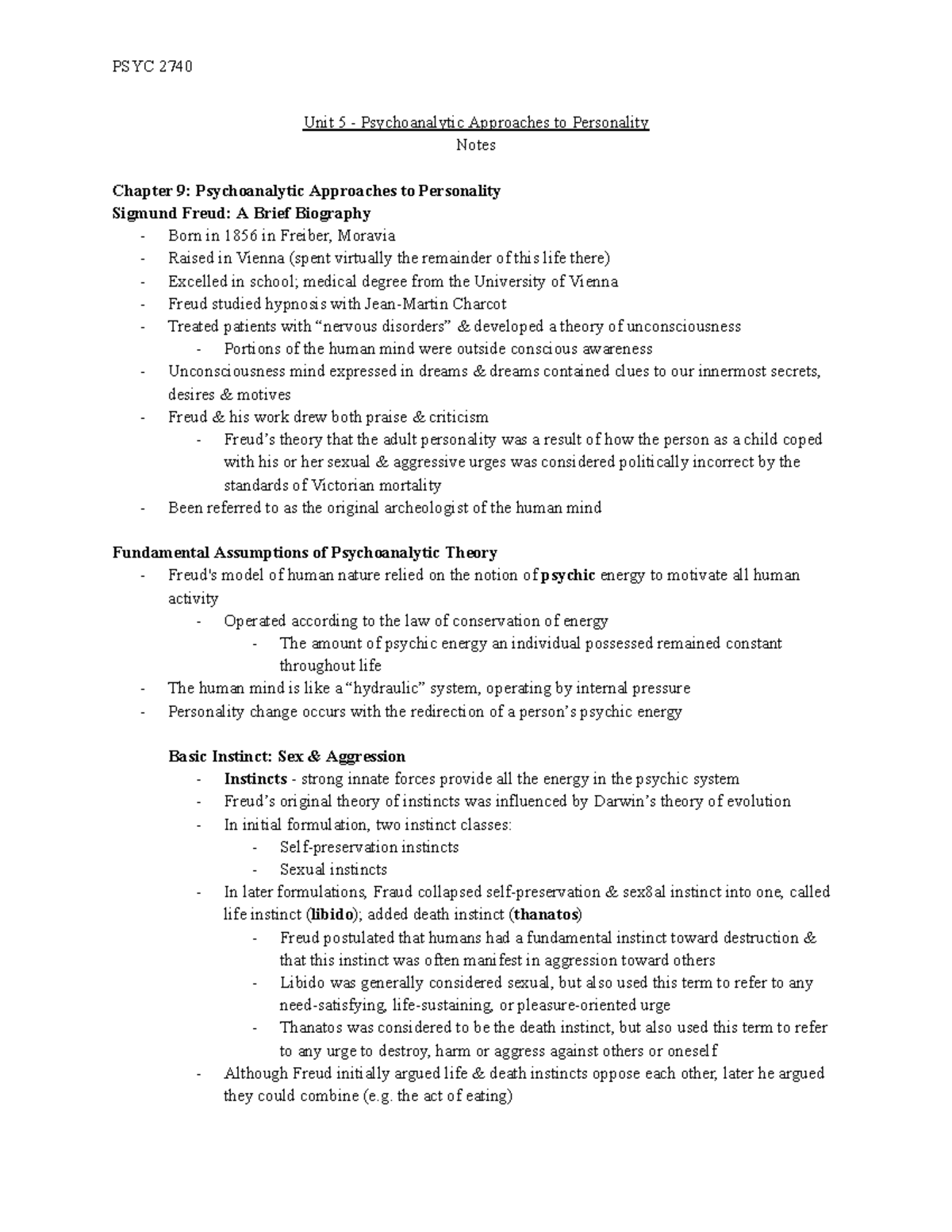 Unit 5 - Psychoanalytic Approaches To Personality - Unit 5 ...