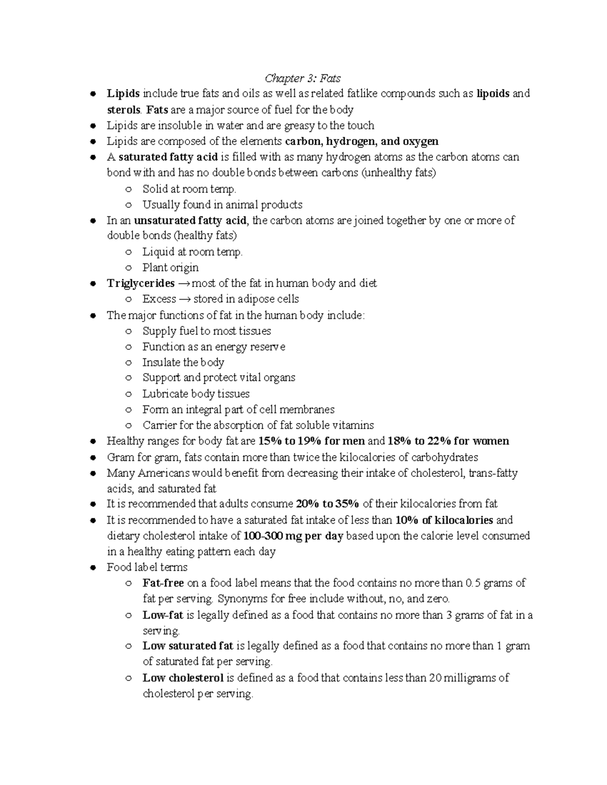 Chapter 3 Nutrition Notes - Chapter 3: Fats Lipids include true fats ...