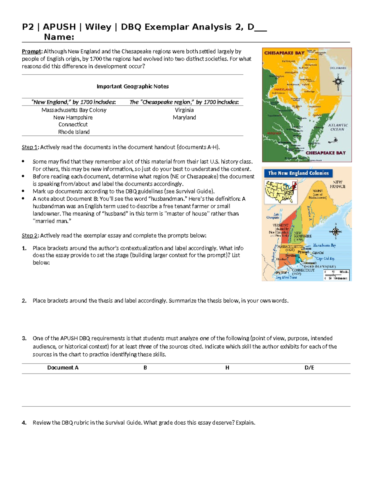 DBQ Exemplar Analysis 2 NE vs Chesapeake - P2 | APUSH | Wiley | DBQ ...