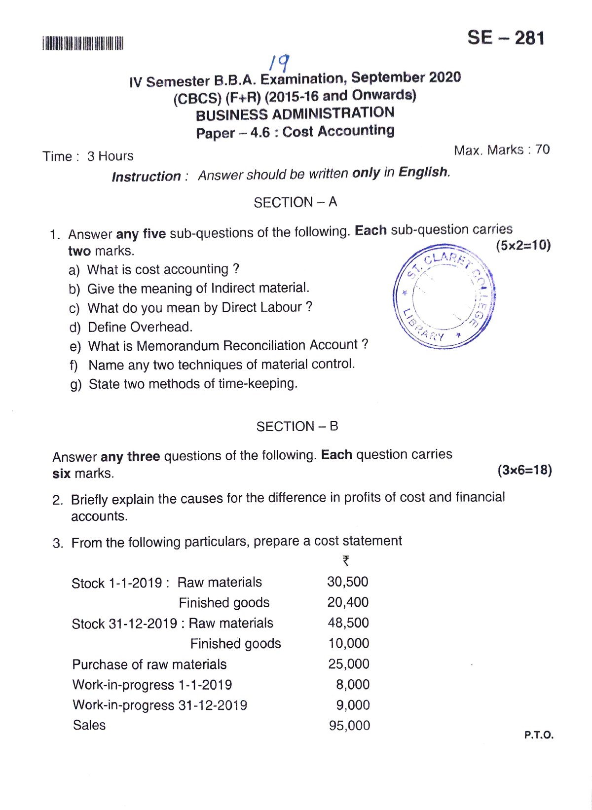 Cost Accounting - SE - IV Semester B.B. Examination, September 2020 ...